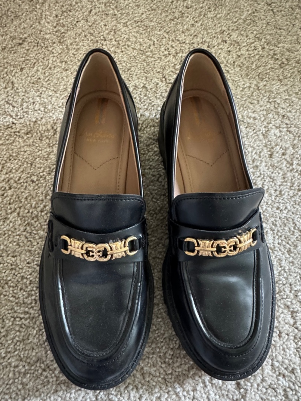 Sam Edelman Black Leather Women's Loafers with Gold Accent